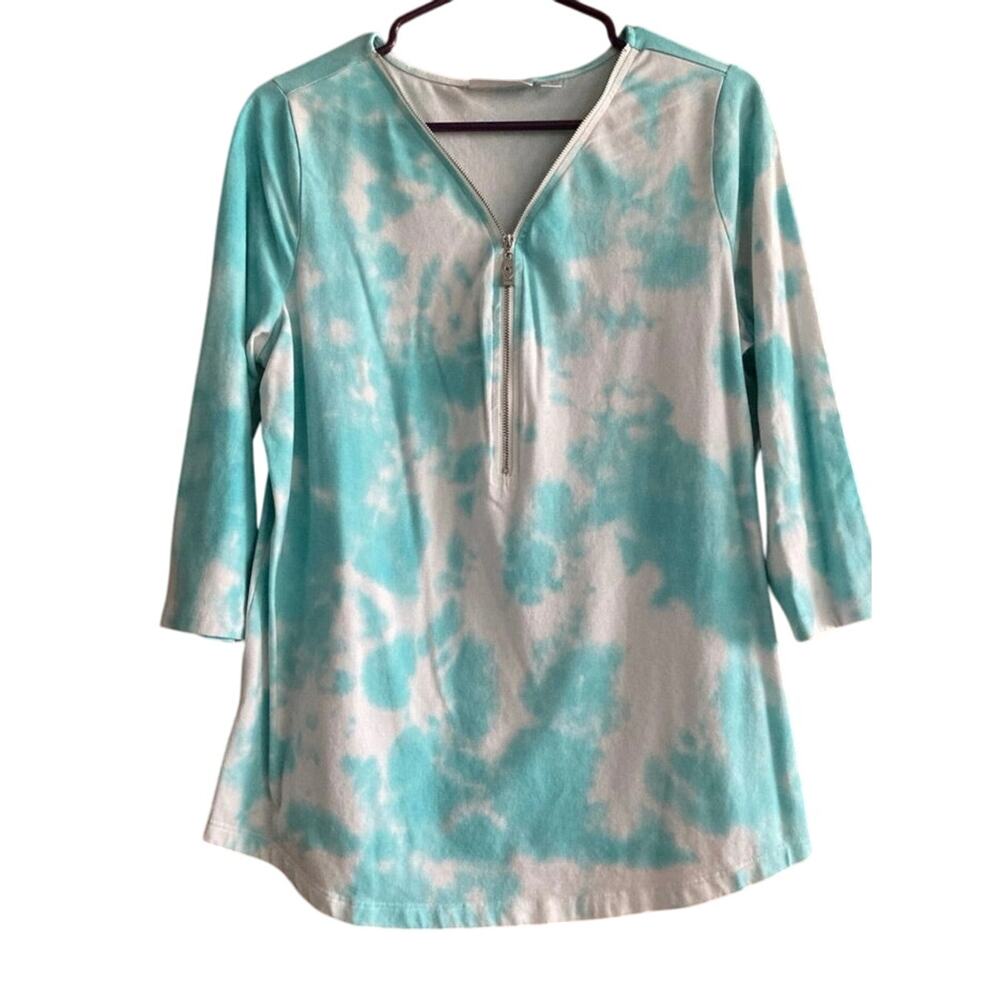 Belle by Kim Gravel TripleLuxe Knit Signature Print Top Aqua Tie Dye Size Large